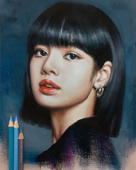 A Painting Of A Woman With Black Hair And Two Pencils In Front Of Her