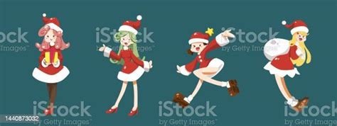 Set Of Cute Santa Girls Cartoon Character Flat Vector Illustration