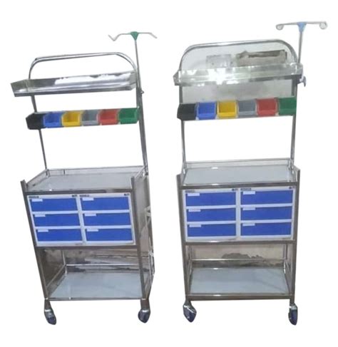 Silver And White Stainless Steel Hospital Crash Cart Trolley Polished