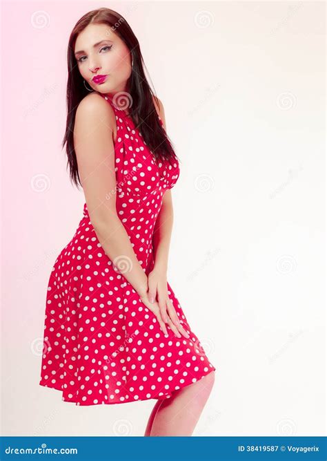 Portrait Pinup Girl Brunette Woman In Retro Red Dress Vintage Stock Image Image Of Kiss