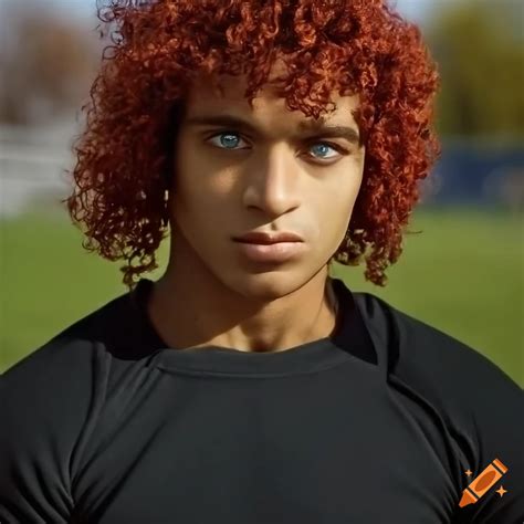 Short Maroon Hair Man With Arabic Features And Teal Eyes In A Rugby