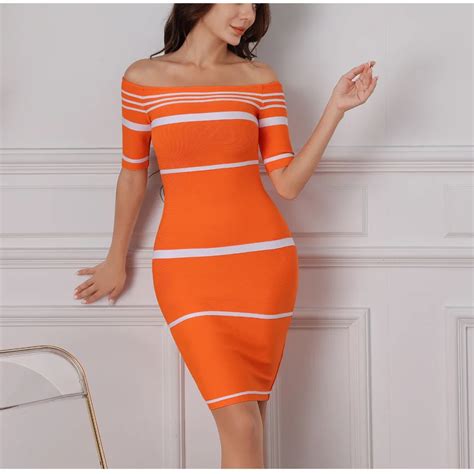 Sexy Off Shoulder Knit Stripe Tight Fitting Midi Club Dress