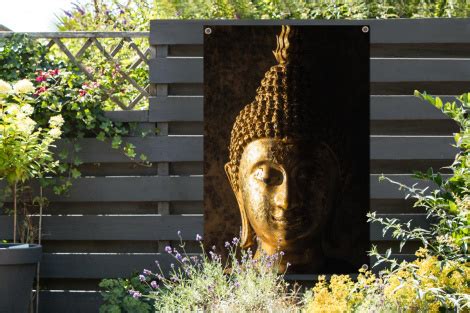 Tuinposter Buddha Boeddha Beeld Goud Spiritueel Zwart