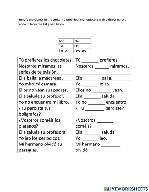 Direct Object Pronouns Exercise Live Worksheets Worksheets Library