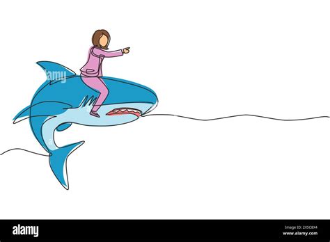 Single One Line Drawing Brave Businesswoman Riding Huge Dangerous Shark