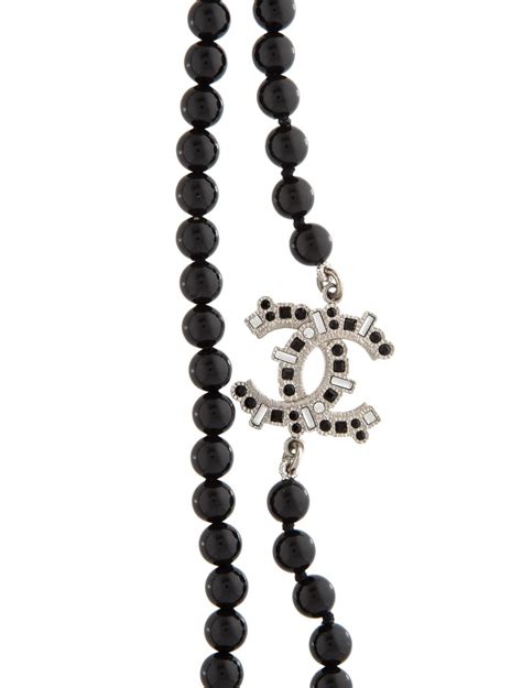 Chanel Resin Strass Cc Logo Beaded Station Necklace Black