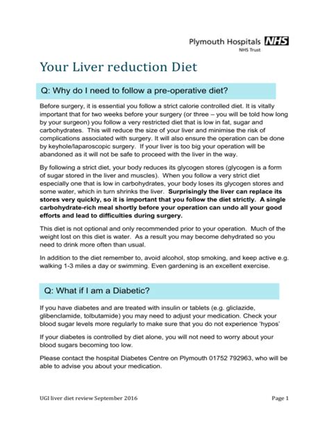 Liver Reducing Diet Plymouth Hospitals