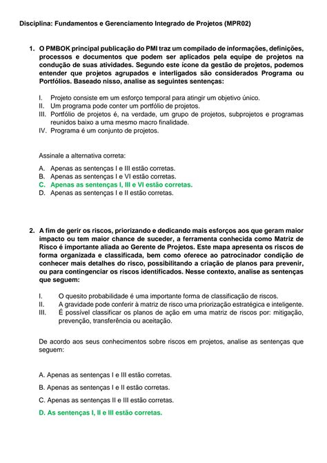 Solution Gabarito Prova Fundamentos E Gerenciamento Integrado De