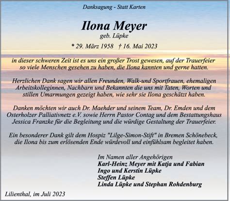 Traueranzeigen Von Ilona Meyer Trauer Gedenken