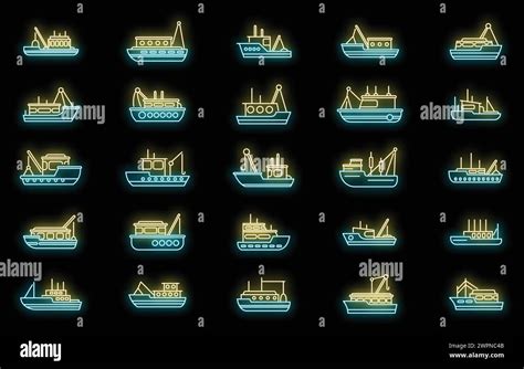 Fishing Boat Icons Set Outline Vector Cargo Marine Ocean Ship Neon