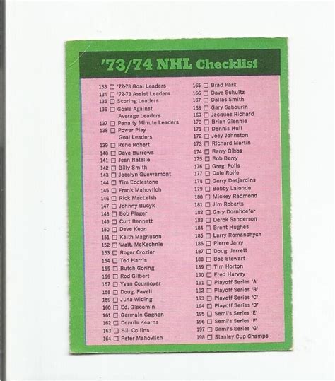 O Pee Chee Hockey Card Checklist Unmarked Ebay