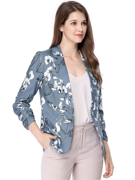 Unique Bargains Womens Notched Lapel Button Front Floral Blazer Gray Xs Us 2