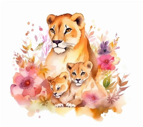 Premium Photo Watercolor Illustration Of A Lioness And Her Cubs