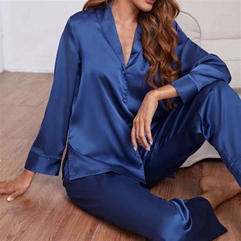 Fancy Women Silk Satin Pajamas Set Ladies Long Sleeve Sleepwear Loungewear Nightwear Blue Xl