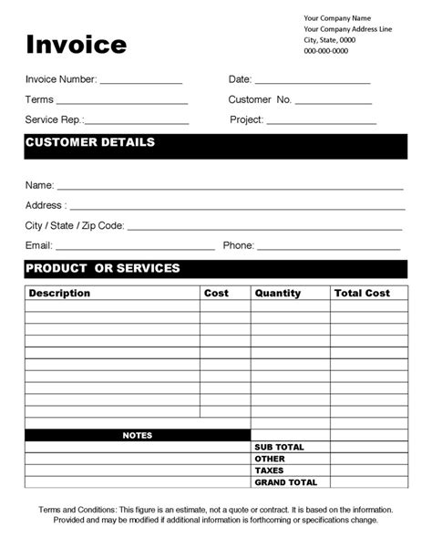 Estimate Invoice Template Black White Documented Pdf Business Printable