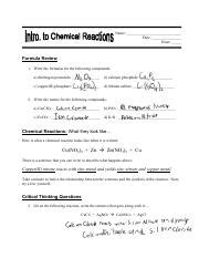 Intro To Chemical Reactions Quest Pdf Name Date Hour Formula