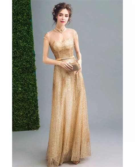 Inexpensive Vintage Gold Shiny Prom Formal Dress Long For Women Wholesale T69474