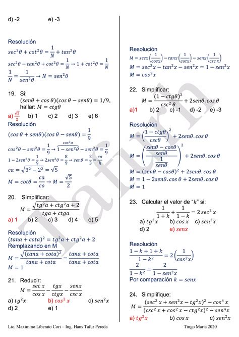 Identidades Trigonométricas De ángulo Simple Pdf