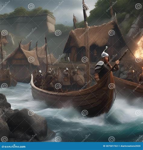 Viking Raid Fierce Viking Warriors Raiding A Coastal Village With