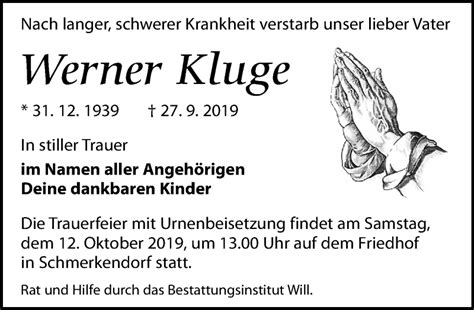 Traueranzeigen Von Werner Kluge Trauer Anzeigen De