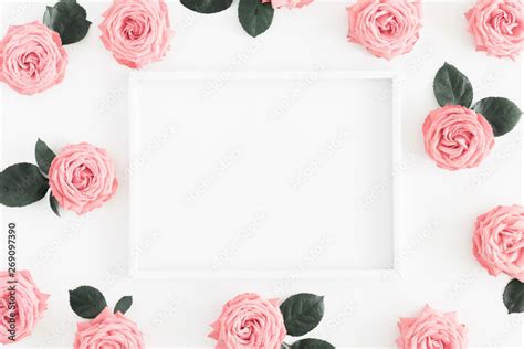 Beautiful flowers composition. Blank frame for text, pink rose flowers ...