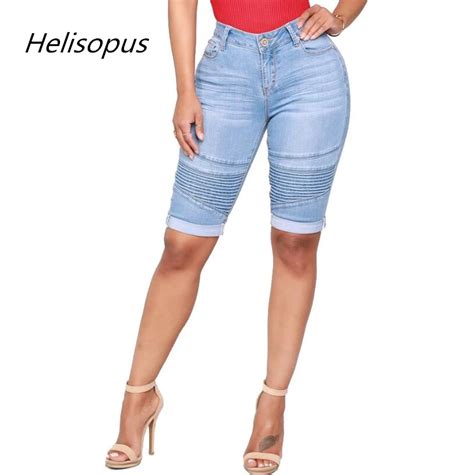 Helisopus 2019 New Summer Women's High Waist Jeans shorts Bodycon Knee ...