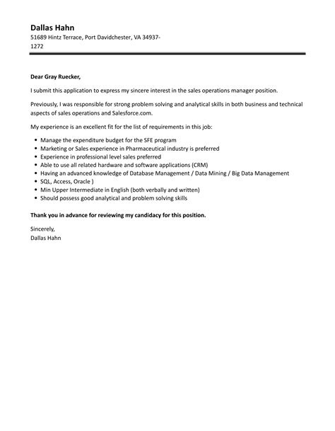 Sales Operations Manager Cover Letter Velvet Jobs