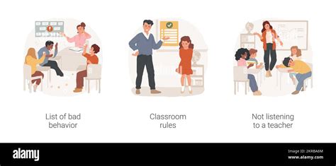 Classroom discipline isolated cartoon vector illustration set. List of bad behavior, classroom ...