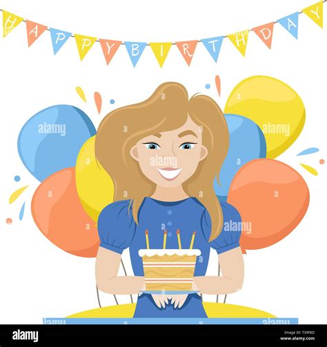 Happy Woman With Birthday Cake In Her Hands Birthday Balloon Vector