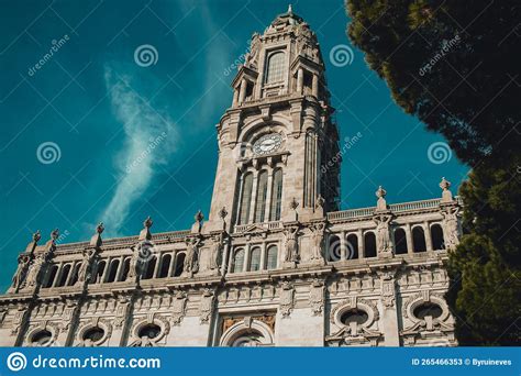 Detail Of The Building Of Porto City Hall Over A Dark Blue Sky In