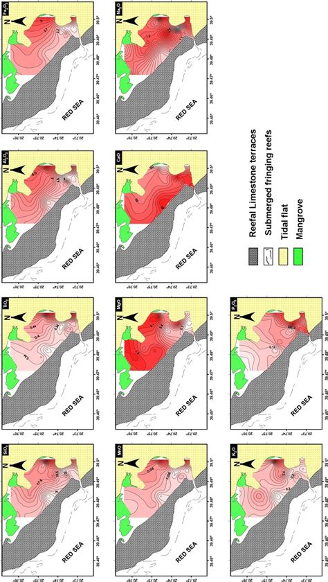 Contour Maps Showing The Spatial Distribution Of Major Oxides In Download Scientific