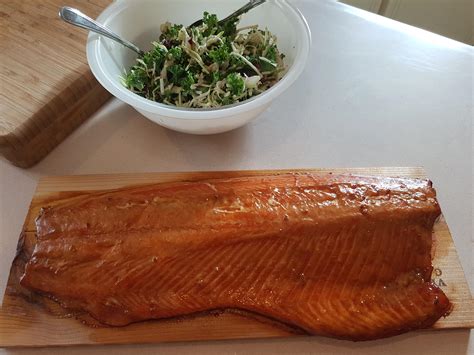 [homemade] Cedar Plank Smoked Salmon And Salad Food