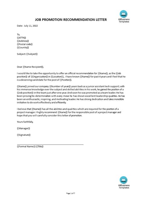 Kostenloses Promotion Recommendation Letter Format