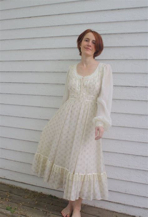 Vintage 70s Gunne Sax Dress Cream Floral Print Prairie Corset Midi S XS