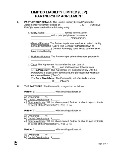 Free Limited Liability Limited Partnership Lllp Agreement Template Pdf Word Eforms