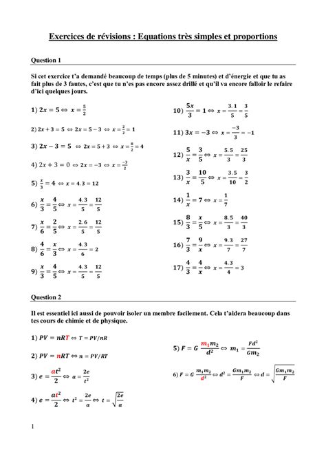 Equation à 1 inconnue du 1ier degré 11H 1M Exercices corrections