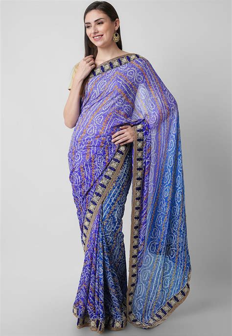 Buy Bandhej Printed Pure Chinon Crepe Saree In Shaded Blue Online