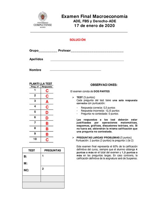 Solucion examen macro 2020 Examen Final Macroeconomía ADE FBS y