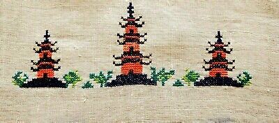 Handmade Tablecloth Asian Pagodas Embroidered Cross Stich Linen Yellow