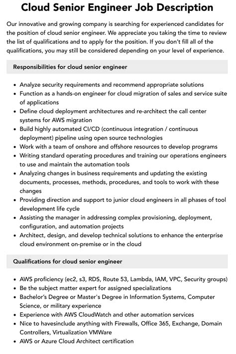 Cloud Senior Engineer Job Description Velvet Jobs