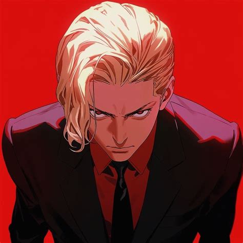 A Man With Blonde Hair Wearing A Black Suit And Red Shirt Is Staring At