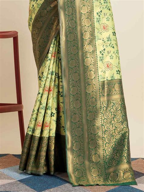 Pista Kanjivaram Silk Handwoven Wedding Festival Heavy Border Saree