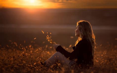 Wallpaper Sunlight Women Outdoors Blonde Sunset Long Hair Field