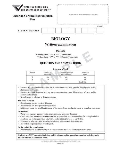 Biology Prac Exam S A M P L E Biology Written Examination Day Date