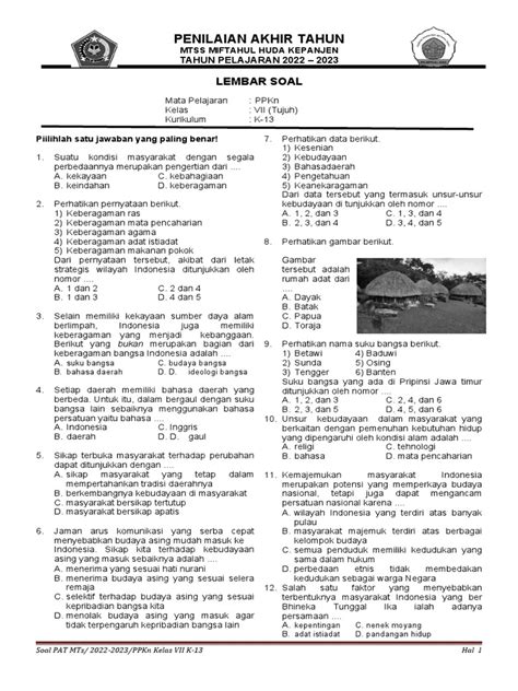 Soal Pat Ppkn Kelas 7 K 13 Tapel 2022 2023 Pdf