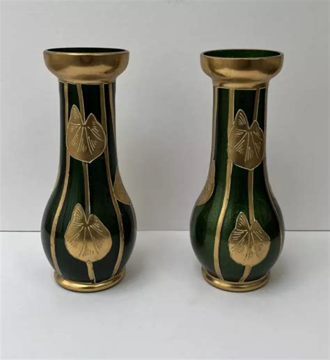 PAIRE PETITS VASES Art Nouveau Legras Montjoye Saint Denis Vert Doré