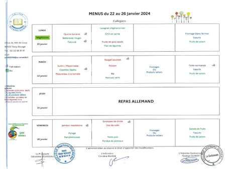 Menus du 22 au 26 janvier Collège Raymond Queneau