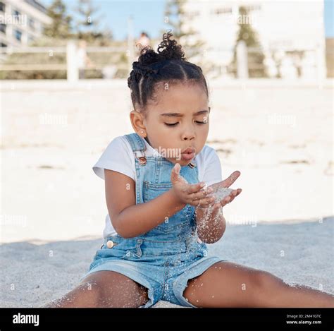 Play Child Or Girl In Sand At A Beach For Fun Summer Holidays