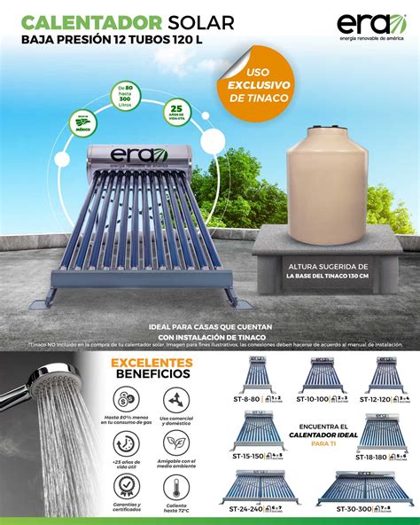 CALENTADOR SOLAR ERA DE BAJA PRESIÓN DE 12 TUBOS CON CAPACIDAD DE 135