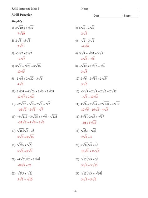 Radical Worksheet With Answers Pdf